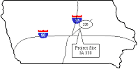 Location of IA 5 project. The outline map shows the Iowa 4 project on IA 330 near the center of the State, east of IA 380 and north of I-80.