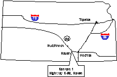 Location of KS 1 project. The outline map shows the Kansas 1 project on Highway K-96 in Haven, midway between Hutchinson and Wichita, in south-central Kansas. I-70 is shown crossing the north Kansas through Topeka. I-35 appears near the eastern border.