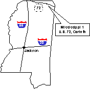 Location of MS 1 project. An outline map of Mississippi shows the Mississippi 1 project on US Route 72 in Corinth, near the northeastern border of the State. The major Interstates, I-55 and I-20, are shown intersecting in Jackson near the center of the State.