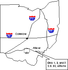 Location of OH 1, 2, and 3 projects. An outline map of Ohio shows projects 1, 2, and 3 on US 50 east of Athens in the southeastern corner of the State. I-70 is shown crossing the center of the State, through Columbus, where it crosses I-71. I-77 is shown running north-south through the eastern half of the State, crossing I-70.