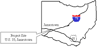 Location of OH 4 project. An outline map of Ohio shows the location of a project test section located on US 35 in Jamestown near its intersection with I-71 in the southwestern corner of the State.