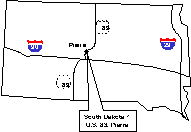 An outline map of South Dakota shows the SD 1 project located on US 83 in Pierre in the center of the State, near the crossing of I-90 and US 83. I-29 is also shown near the eastern border.