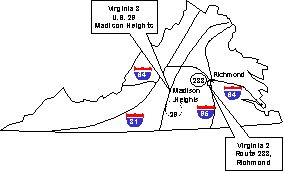 Location of VA 2 and VA 3 projects. An outline map of Virginia shows VA 3 on US 29 near Madison Heights, which is near the center of the State, and VA 2 on Route 288, near Richmond. I-64, I-81 in the west, and I-95, running through Richmond, are also shown.