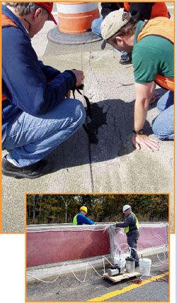 Composite Image. Pavement joint damage on an ASR-affected pavement near Mountain Home, ID (top); Vacuum Impregnation treatment on ASR-affected highway barriers near Leominster, MA. The top image shows three men looking at a severely deteriorated concrete pavement joint. There is a black asphalt patch running along the middle of the joint, and large cracks are visible running parallel to the joint. Some of the cracks are filled with white material. The lower image shows two men applying plastic sheeting on a section of concrete barriers on a highway, and the visible barriers are covered with red plastic mesh. The vacuum impregnation set up includes tubes running in between the red mesh and the plastic tubing, a vacuum setup and a plastic five gallon bucket. 
