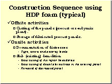 Slide 7 - Construction Sequence using HDP foam (typical). Activities are listed. Offsite activities: (1) casting of the panels (precast or ready-mix plant) and (2) storage of fabricated precast panels. Onsite activities: (1) documentation of distresses (type, extent, and severity levels); (2) slab (existing) demolition (saw cutting of the repair boundaries; saw cutting of dowel slot outlines in the existing panel; removal of distressed panel).