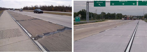 The image on the left shows a two-lane pavement with vehicles traveling on the left lane. Severe spalling and distress can be observed on the shoulders. The image on the right shows a rehabilitated concrete pavement.