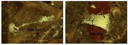 This image is a composite of two pictures. The first picture (located on the top left side) shows a close-up of an aggregate particle in a polished concrete sample. Areas of the aggregate are covered in a white pasty material. There is an arrow pointing to the white material with the text 'ASR Gel'. The second picture (located on the top right side) also shows a close-up of a different aggregate particle in a polished concrete sample. White, pasty material has formed on the middle section of the aggregate. There is an arrow pointing to the white material with the text 'ASR Gel'.