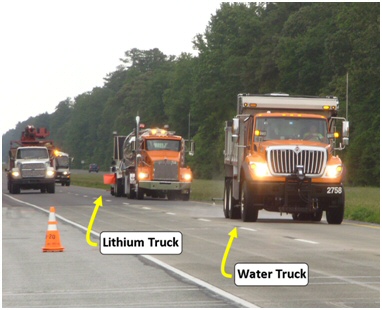This figure is a photograph of a roadway with a Water Truck, followed closely behind by a Lithium Truck.