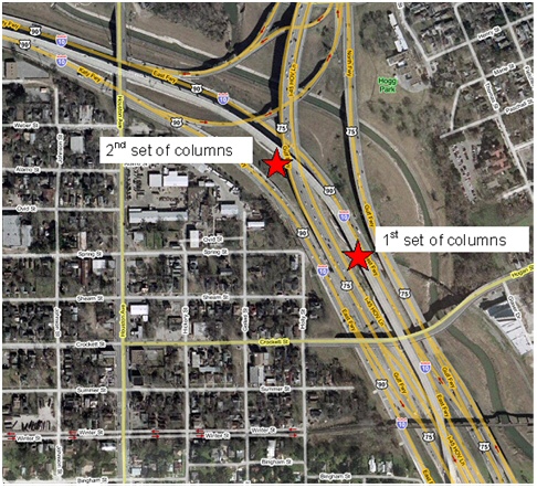 This figure is a satellite map image of the area around the intersection of I-10 and I-45 in Houston, TX. The locations of the two sets of columns are indicated by red stars.