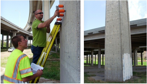 This figure contains two photographs. The photo on the left shows two men, one standing on a ladder that is leaning on a concrete column in a highway overpass structure, and one just beside the ladder. The man on the ladder is obtaining humidity measurements from humidity probes installed in the concrete column, which are encapsulated by orange plastic protective containers. The photograph on the right shows a concrete column in a highway overpass structure that has been treated with lithium nitrate.