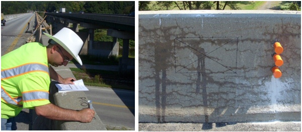 This figure contains two photographs. The photo on the left shows a man writing on a concrete bridge wall. The photo on the right shows a section of a concrete girder containing cracks, various lines drawn to map the cracks, and humidity probes installed and encapsulated by orange plastic protective containers.