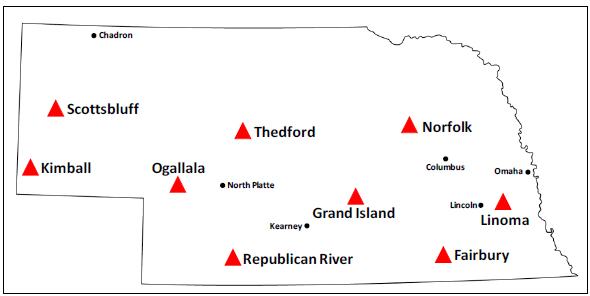 This figure shows a map of the state of Nebraska. Locations containing aggregate sources under evaluation are indicated by red triangles, and include Scottsbluff, Kimball, Ogallala, Thedford, Republican River, Grand Island, Norfolk, Fairbury, and Linoma.