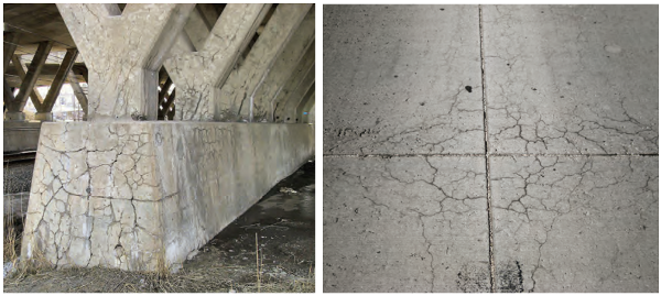 This image shows two examples of illustrations provided in the ASR Field Identification Handbook. The left illustration is an image of a serverely cracked column foundation in a bridge, the right illustration is an image of moderate crackign at the intersection of pavement slabs.