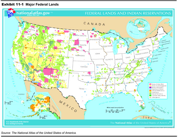 Exhibit 11-1. Major Federal Lands. An outline map of the contiguous states and insets for Hawaii and Alaska shows the locations of Federal lands and Indian reservations. The heaviest concentration of Federal lands is in the western United States, extending from Montana south to New Mexico and west to the Pacific coast, and in Alaska. Isolated areas are shown in Vermont, New Hampshire, Pennsylvania, and across the southern states. Source: The National Atlas of the United States of America.
