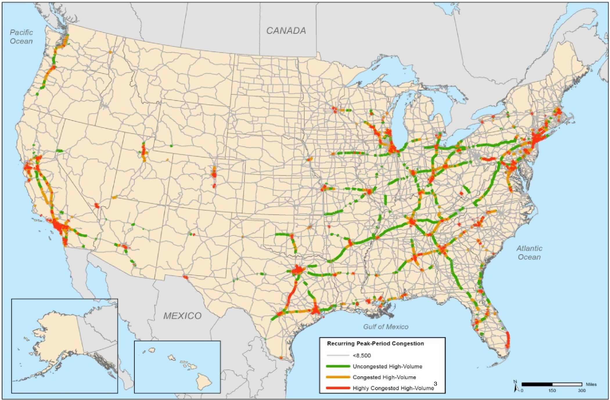 An outline map of the 48 contiguous states and insets for Alaska and Hawaii show recurring peak-period congestion. Peak-period congestion is indicated by line thickness and color for uncongested high-volume (green), congested high-volume (yellow), and highly congested high-volume (red). Uncongested high-volume truck portions are spread throughout the eastern half of the United States; these are also shown in western California, Oregon, and Washington. Congested high-volume truck portions display their heaviest volume in the north and southeast, as well as western California, Oregon, and Washington. Highly congested high-volume truck portions show the heaviest volume in northeastern states, areas of the Midwest, portions of Texas, and southwest California. <em>Sources: U.S. Department of Transportation, Federal Highway Administration, Office of Freight Management and Operations, Freight Analysis Framework, version 3.4, 2013.