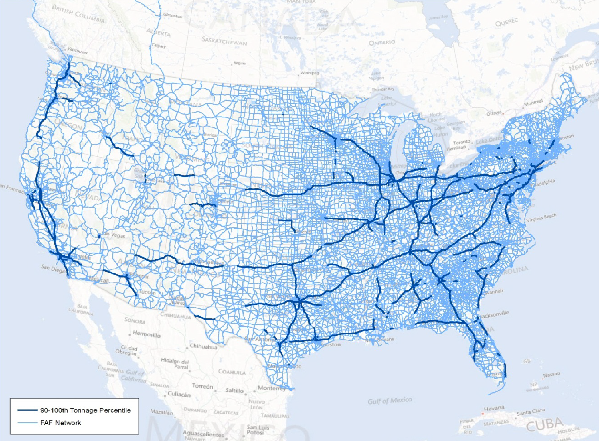 An outline map of the 48 contiguous states shows a freight analysis framework network. The freight analysis framework network routes are indicated by a thin light blue line; highways in the 90 to 100th tonnage percentile are indicated with a thicker dark blue line. The freight transportation network is most extensive in the eastern half of the United States, particularly in the northeast and around Georgia. It becomes less dense moving west. Similarly, highways in the 90 to 100th tonnage percentile are most dominant in the eastern United States, becoming less prominent in the Great Plains, and arising again on the west coast from California to Washington. Source: FHWA Freight Management and Operations, Freight Analysis Framework and Freight Performance Measure Program, 2014.