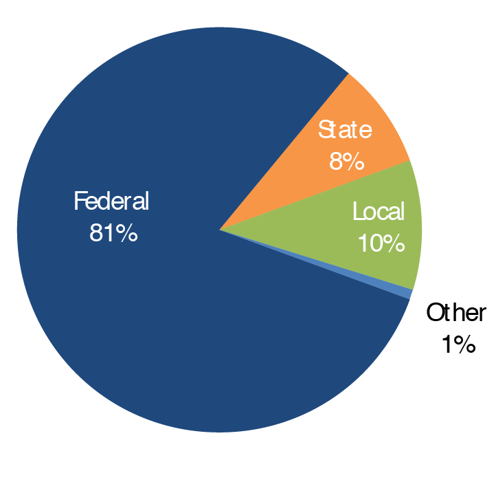 Pie chart shows distribution of funding across four categories of sources. The category Federal accounts for 81 percent , the category state accounts for 8 percent , the local category accounts for 10 percent , and the category other accounts for 1 percent of funding sources for operating expenditures. Source: National Transit Database. 
