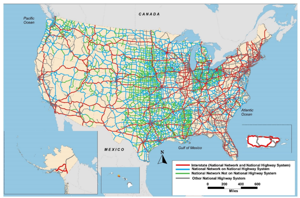 An outline map of the 48 contiguous states and insets for Alaska and Hawaii show the network of roads used by conventional combination trucks in 2014, organized by: 1) Interstates (National Network and National Highway System); 2) National Network roads on the National Highway System; 3) National Network roads not on the National Highway System; and 3) Other National Highway System roads. There is a large concentration of National Network roads both on the NHS and not on the NHS in the central United States. Interstate roads spread across the entire United States, but are more concentrated in the Northeast region.
