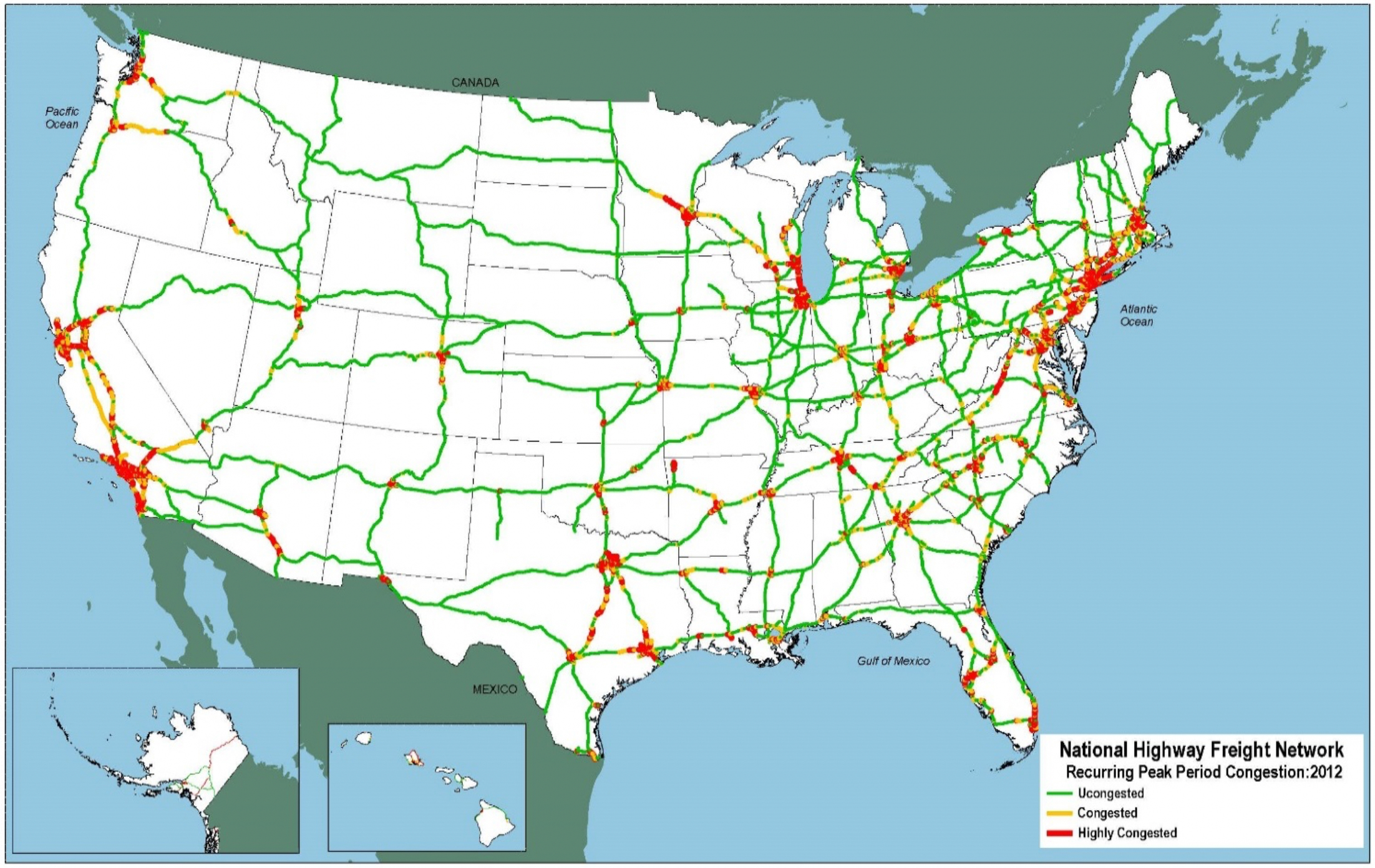 An outline map of the 48 contiguous States and insets for Alaska and Hawaii show areas of recurring peak period congestion on the NHFN in 2012, organized by uncongested, congested, or highly congested. Recurring peak period congestion occurs mostly in the Northeastern United States. Highly congested areas are primarily located in States such as New Jersey, New York, Connecticut, California, Texas, and Illinois.