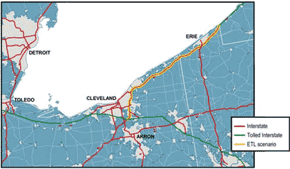 Figure 1.2 - Map - This figure shows the highways associated with the Interstate 90 corridor that includes Erie, Pennsylvania; Akron, Cleveland, and Toledo, Ohio; and Detroit, Michigan.