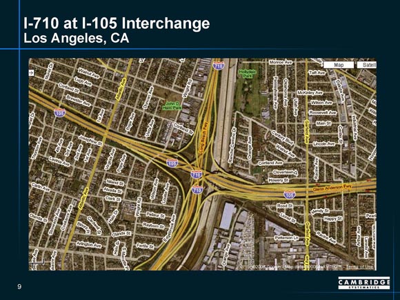 Detailed map of I-710/I-105 interchange in Los Angeles, California, showing ramp junctures.