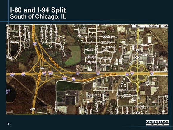 Detailed map of I-80/I-94 split interchange  in Chicago, Illinois, showing ramp junctures.