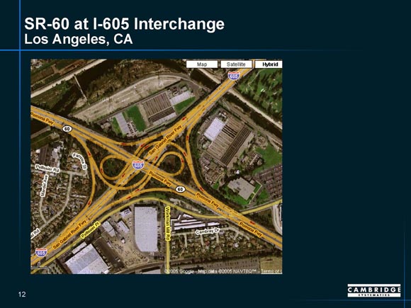 Detailed map of SR-60/I-605 interchange in Los Angeles, California, showing ramp junctures.