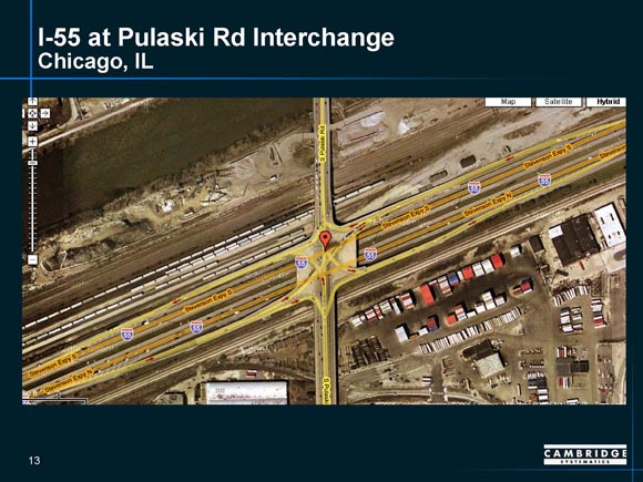 Detailed map showing the location of the I-55/Pulaski Road interchange in Chicago, Illinois, showing ramp junctures.