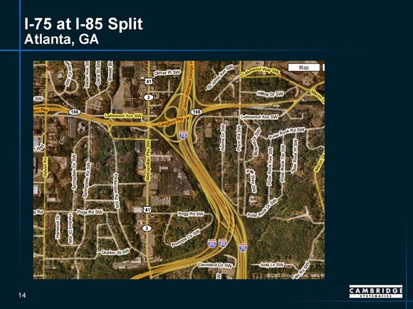 Detailed map of I-75/I-85 split in Atlanta, Georgia, showing ramp junctures.