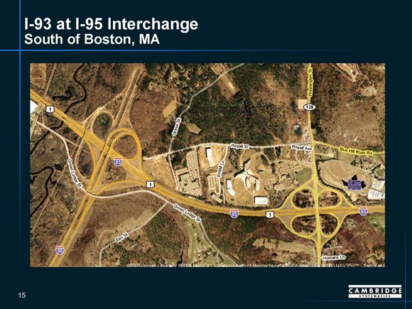 Detailed map of I-93/I-95 interchange near Boston, Massachusetts, showing ramp junctures.