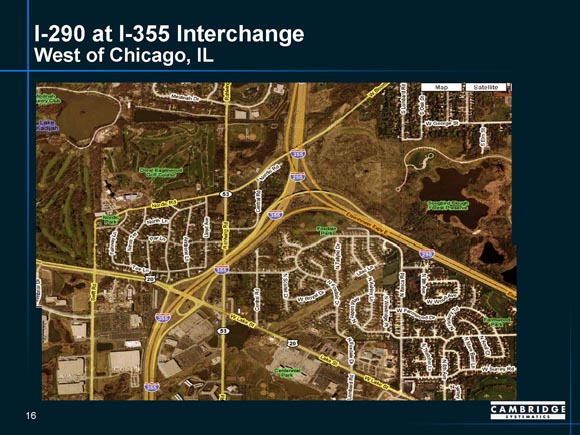 Detailed map of I-290/I-355 interchange near Chicago, Illinois, showing ramp junctures.