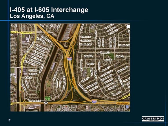 Detailed map of I-405/I-605 interchange in Los Angeles, California, showing ramp junctures.