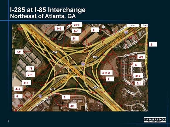 Detailed map of I-285/I-85 interchange in Atlanta, Georgia, showing ramp junctures.