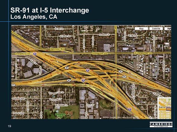 Detailed map of SR-91/I-5 interchange in Los Angeles, California, showing ramp junctures.