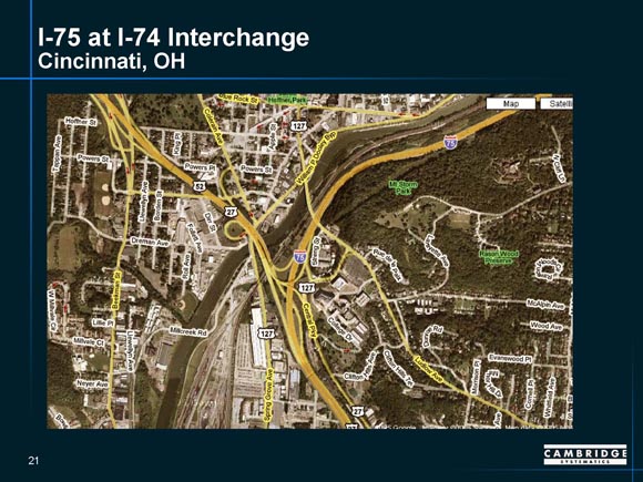 Detailed map of I-75/I-74 interchange in Cincinnati, Ohio, showing ramp junctures.
