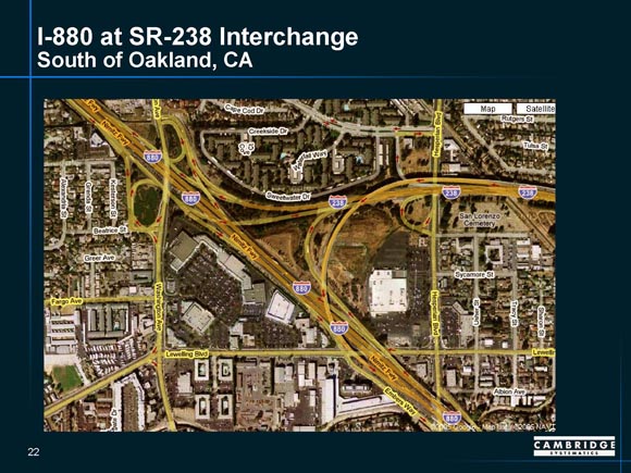 Detailed map of I-880/SR-238 interchange near Oakland, California, showing ramp junctures.