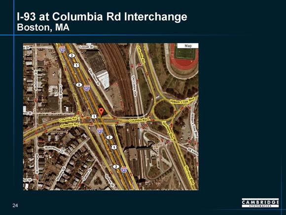 Detailed map of I-93/Columbia Road interchange in Boston, Massachusetts, showing ramp junctures.