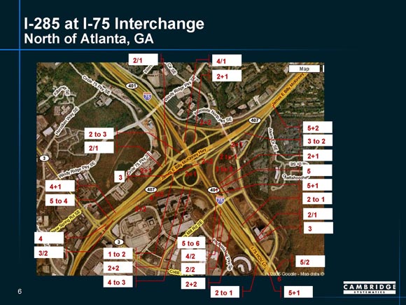 Detailed map of I-285/I-75 interchange near Atlanta, Georgia, showing ramp junctures.