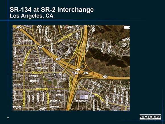Detailed map of SR-134/SR-2 interchange in Los Angeles, California, showing ramp junctures.