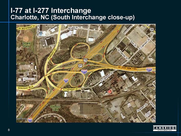 Detailed map of I-77/I-277 interchange in Charlotte, North Carolina, (south interchange close-up) showing ramp junctures.