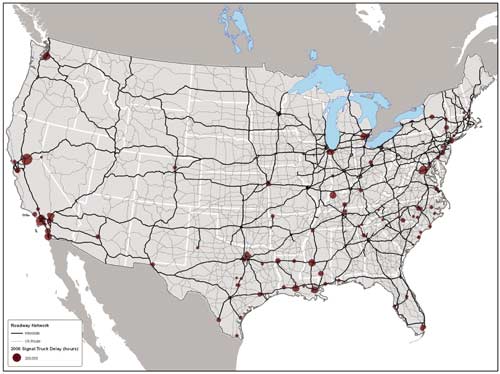 Figure ES6. Map of the United States showing the US route and interstate roadway networks, as well as signal bottlenecks (2006 data). Areas of truck delay are scattered along the coast in California, in Texas and Louisiana, and throughout the Midwest and New England.