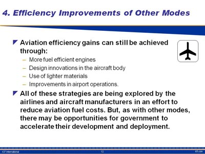 Efficiency Improvements of Other Modes. Text slide covering two observations. (1) Aviation efficiency gains can still be achieved through: More fuel efficient engines, Design innovations in the aircraft body, Use of lighter materials, Improvements in airport operations. (2) All of these strategies are being explored by the airlines and aircraft manufacturers in an effort to reduce aviation fuel costs. But, as with other modes, there may be opportunities for government to accelerate their development and deployment.