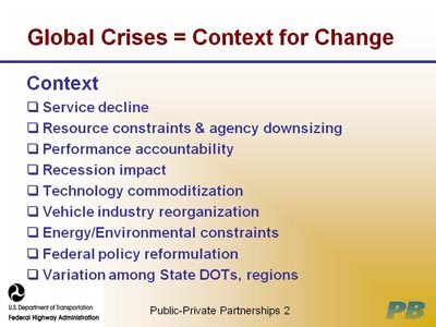 Global Crises = Context for Change. Context. Bullet items include Service decline; Resource constraints &agency downsizing; Performance accountability; Recession impact; Technology commoditization; Vehicle industry reorganization; Energy/Environmental constraints; Federal policy reformulation; Variation among State DOTs, regions. 