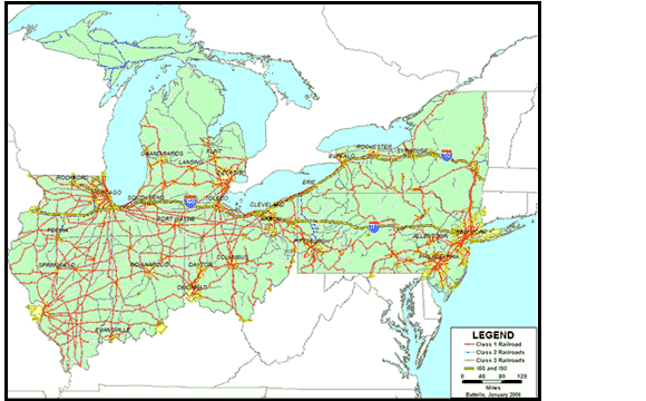 Partial U.S. map showing seven corridor states in green-Illinois, Indiana, Michigan, Ohio, Pennsylvania, New Jersey, and New York- and the routes of I-80 and I-90 in yellow and Classes 1, 2, and 3 railroads in the corridor in red, blue, and gray, respectively, according to transportation data from Caliper, Inc. Major cities are also shown in yellow. Class 1 and 3 railroads predominate in most of the corridor states. Class 2 railroads are noted in Illinois near Peoria and Chicago, the Upper Peninsula of Michigan, western Pennsylvania, and western and eastern New York.