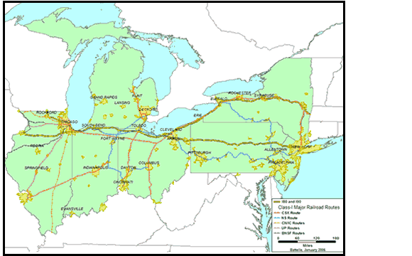 Partial U.S. map showing seven corridor states in green-Illinois, Indiana, Michigan, Ohio, Pennsylvania, New Jersey, and New York- and the routes of I-80 and I-90 in yellow and major Class 1 railroads as follows: CSX railroad routes are shown in red, Norfolk Southern routes in blue, Canadian National/Illinois Central routes in orange, Union Pacific routes in magenta, and Burlington Northern and Santa Fe routes in black. Major cities are also shown in yellow. CSX and Norfolk Southern railroad routes span Illinois to New York, connecting major cities. Source is transportation data from Caliper, Inc.
