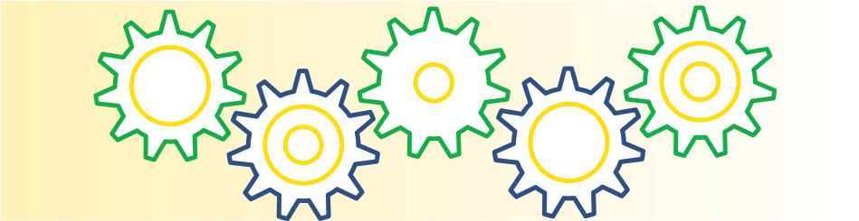 green, yellow, and white graphic showing cogs in a machine