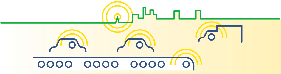 green, yellow, and white graphic showing vehicles communicating via radar