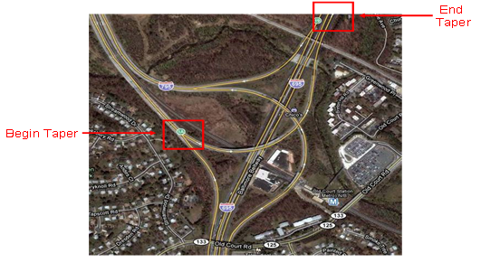 location of gore points for two grade-separated interchange configurations where one of the routes terminates at the interchange. This configuration is sometimes referred to as a T interchange.