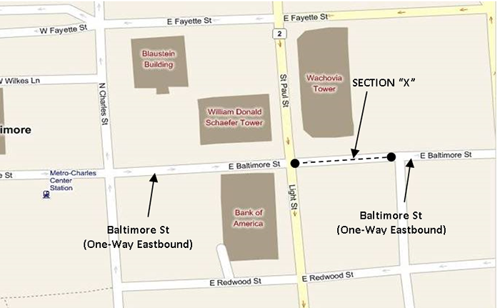 Figure 4.4 shows an example of a street (E. Baltimore St.), for which traffic is only permitted to move in the eastbound direction.  In this particular case, this data item should be assigned a code 1 for a given section (Section X) along this stretch of road.