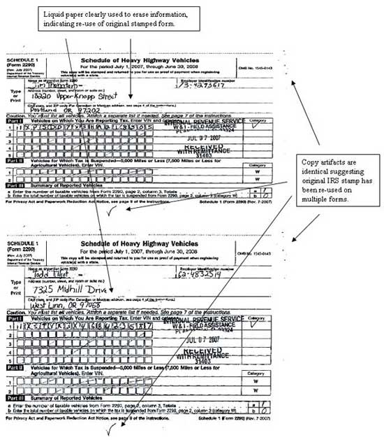 Two forms submitted by two different people have identical marks and IRS stamps, demonstrating that the same form is being photocopied for multiple use. In addition liquid paper is clearly used to erase information, again demonstrating re-use of one original stamped form.